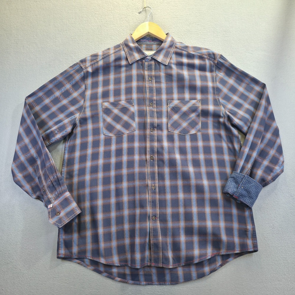 Vintage Italia Men's Blue Plaid Flip‎ Cuff Button Up Long Sleeve Shirt Size Med